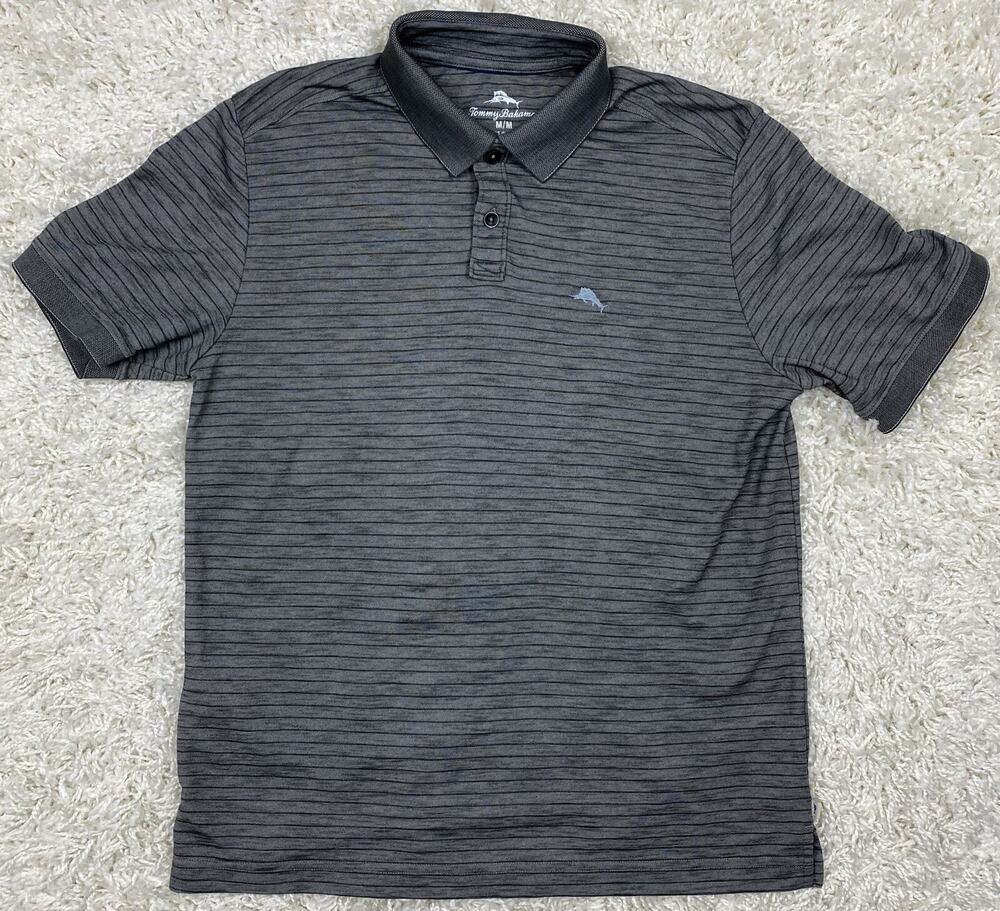 Tommy Bahama Polo Shirt Mens Medium Gray Striped Marlin Embroidered Short Sleeve